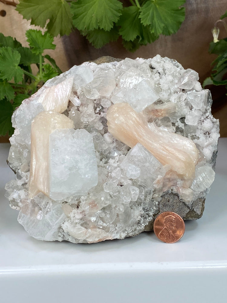 
                  
                    Load image into Gallery viewer, Apophyllite Crystals with Peach Stilbite and Chalcedony in Matrix from Nashik, India - Natural Zeolite Display Piece Perfect for Collections
                  
                