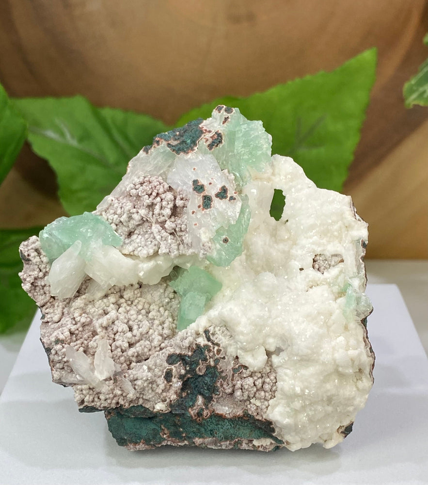 Green Apophyllite Crystals with Druzy Chalcedony in Zeolite Rich Matrix from Nashik, India - Natural Mineral Display Piece for Collectors