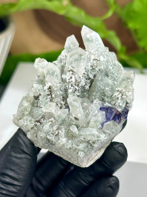 
                  
                    Load image into Gallery viewer, Quartz Crystal Cluster with Chlorite and Pyrite Inclusions in Matrix with Purple Fluorite, Druzy Pyrite, and White Quartz Overgrowth - Hunan
                  
                