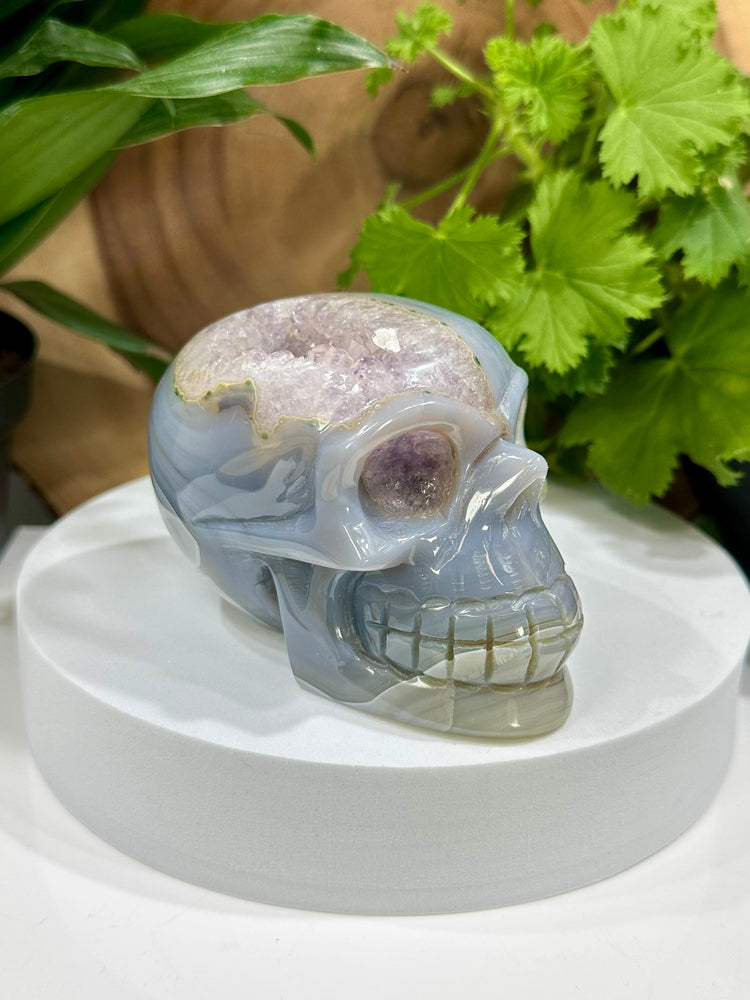 Amethyst Vug in Banded Agate Crystal Skull Carving - Hand Craved and Polished Perfect for Mineral Collectors, Metaphysical Use, Home Decor