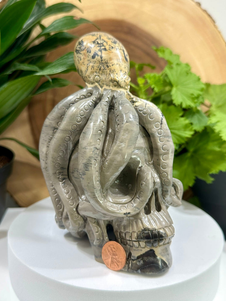 
                  
                    Load image into Gallery viewer, Painting Stone Octopus Crystal Skull Carving - Hand Craved and Polished Perfect for Mineral Collectors, Metaphysical Use, and Home Decor
                  
                