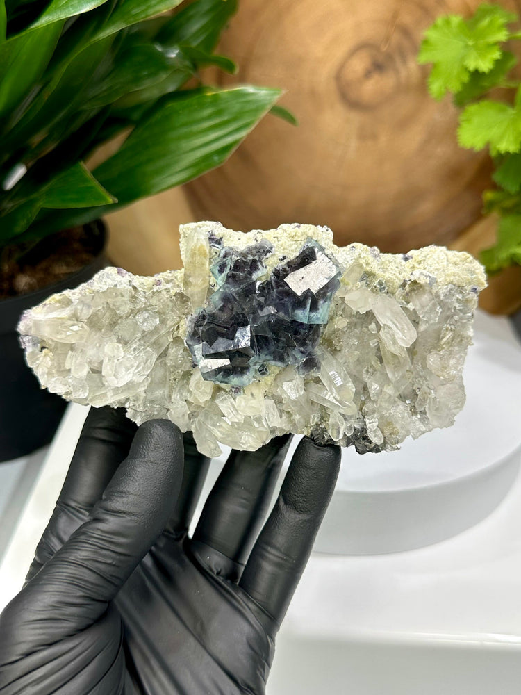 Cubic Blue/Green Fluorite Crystals w/ Saturated Purple Zoning + Quartz Crystals Clustered in Matrix from The Fujian Province - 20% OFF SALE