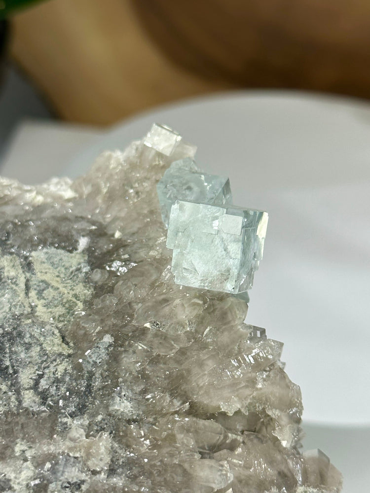 
                  
                    Load image into Gallery viewer, Clear Green Cubic Fluorite on Smoky Quartz Crystal Cluster from The Xianghualing Mine - Natural Mineral Display Piece Perfect for Collectors
                  
                