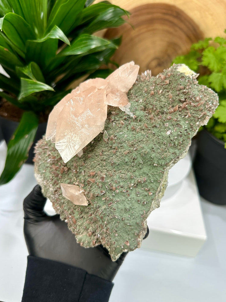 
                  
                    Load image into Gallery viewer, Fluorescent Calcite Crystals w/ Chlorite in Matrix from The Hubei Province - Natural Mineral Display Piece Perfect for Collectors + Healing
                  
                